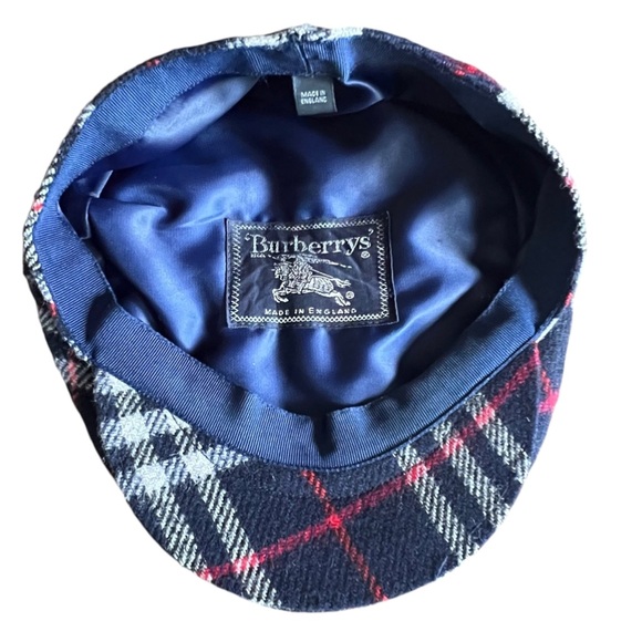 BURBERRYS Cap VINTAGE Blue Gray Black White Red Wool Tartan Newsboy Hat Size XL - Picture 3 of 10